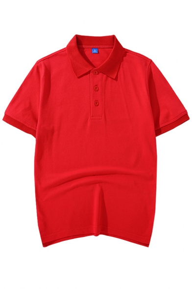 Mens Simple Polo Shirt Solid Color Short Sleeve Turn Down Collar Button Up Regular Fit Polo Shirt