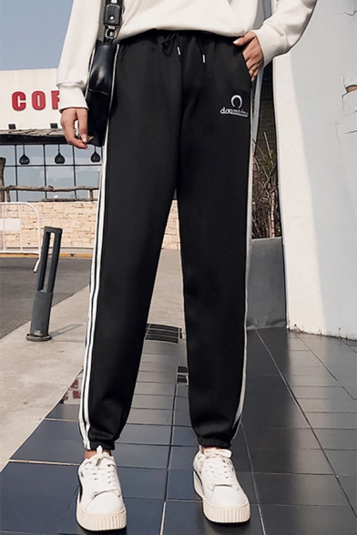 New Stylish High Drawstring Waist Letter Contrast Piping 3-Stripe Elastic Ankle Detail Sweatpants For Girls