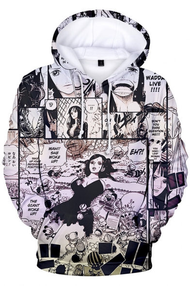 One Piece Black and White Comic Figure Printed Long Sleeve Unisex Drawstring Pullover Hoodie
