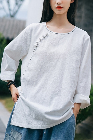 Pretty Girls T Shirt Long Sleeve Round Neck Contrast Pipe Frog Button Slit Side Relaxed Fit Tee Top