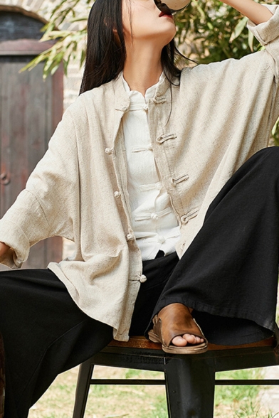 Retro Womens Shirt Linen and Cotton Long Sleeve Frog Button Relaxed Fit Solid Color Shirt Top