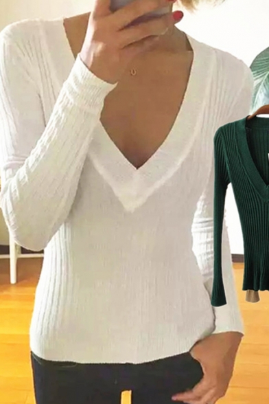Simple Women's Knit Top Solid Color V Neck Long Sleeve Slim Fitted Knit Top