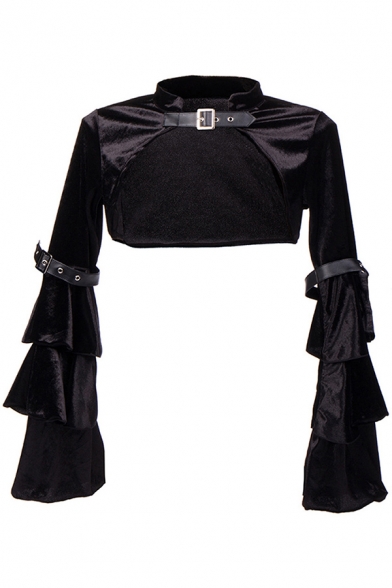 Stylish Womens Coat Velvet Plain Bell Sleeve Mock Neck Buckle Strap Super Cropped Coat