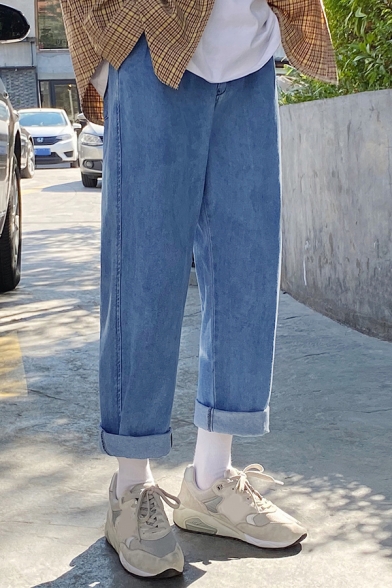 Trendy Mens Jeans Plain Drawstring Waist Bleach Ankle Length Baggy Jeans