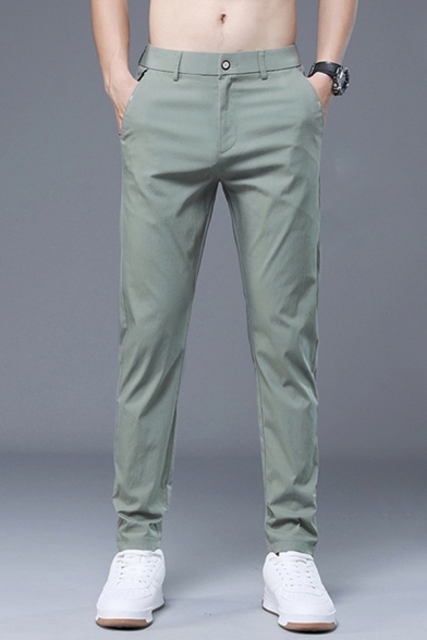 Understated Men's Pants Solid Color Mid Waist Breathable Long Straight Pants