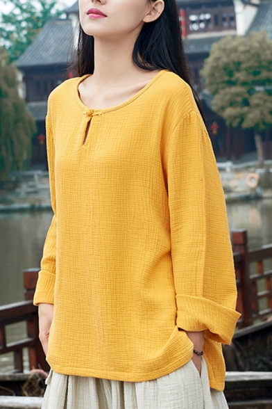 Vintage Womens T Shirt Solid Color Long Sleeve Round Neck Relaxed Fit T Shirt