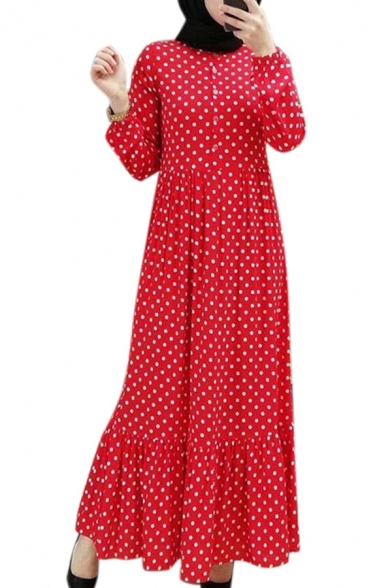 Womens Dress National Style Polka Dot Pattern Ruffle Hem Single Breasted Round Neck Slim Long Sleeve Maxi A-Line Swing Dress