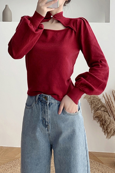 Womens Sweater Vintage Plain Color Cut-out Front Mandarin Collar Regular Fit Long Puff Sleeve Sweater