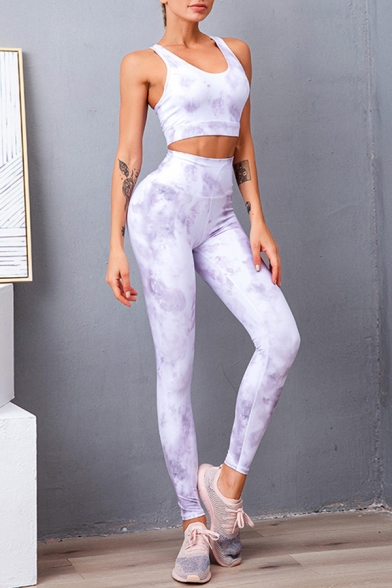 Womens Yoga Co-ords Athletic Tie Dye Ventilation Quick Dry Sleeveless Scoop Neck Cropped Bra Skinny Fitted Leggings Set