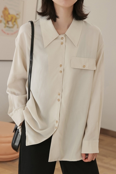 Basic Women's Shirt Solid Color Flap Pocket Button Fly Point Collar Long Sleeve Regular Fitted Shirt
