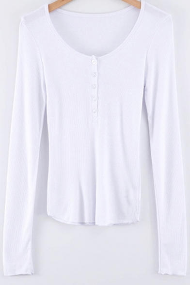 Basic Womens Tee Top Plain Long Sleeve Round Neck Button Up Slim Fitted T Shirt