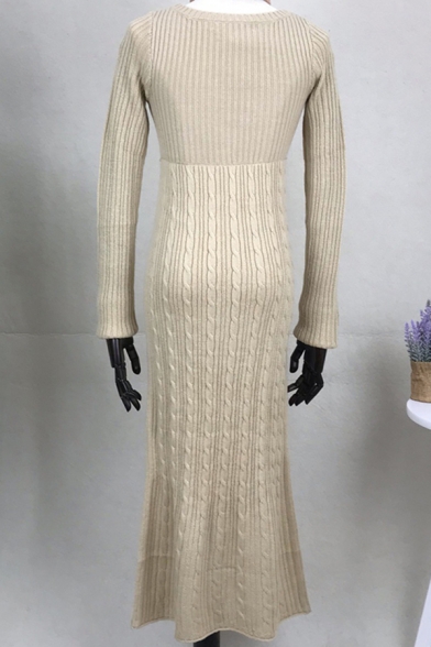 Camel Stylish Dress Cable Knitted Long Sleeve Square Neck Mid A-line Sweater Dress for Ladies