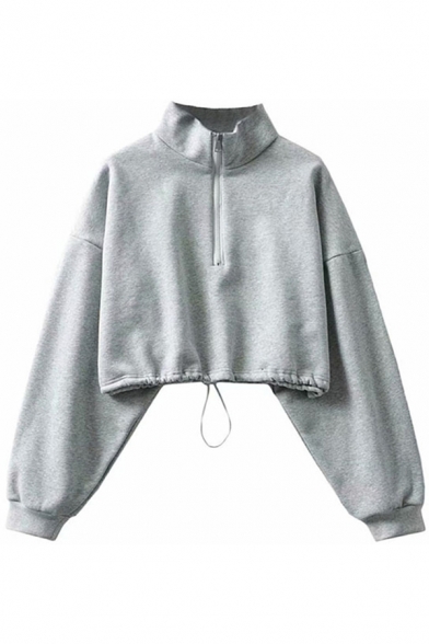 Chic Womens Sweatshirt Solid Color Long Sleeve Stand Collar Zip Up Drawstring Hem Relaxed Crop Sweatshirt