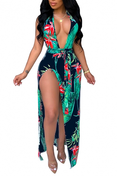 Cool Womens Dress Tropical Plant Pattern Tie-Halter Deep V Neck Maxi Sleeveless Slit Dress