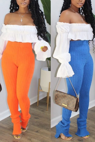 Cool Womens Pants Plain Color Split Hem Skinny Fit High Elastic Waist Full Length Pencil Pants