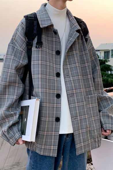 Cozy Men's Jacket Plaid Pattern Button Fly Spread Collar Pocket Long Sleeve Relaxed Fit Jacket