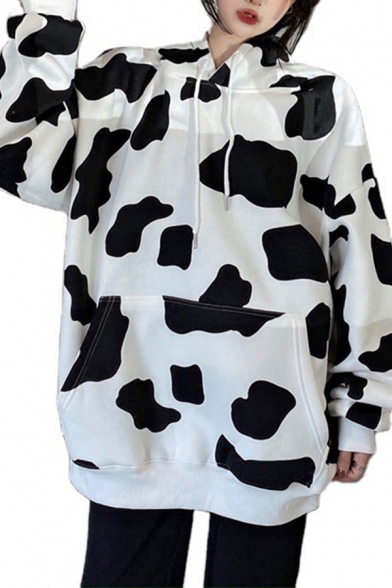 Creative Women's Hoodie Cow Dot Print Front Pocket Long Sleeve Drawstring Hooded Sweatshirt