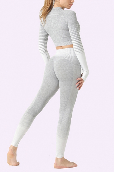 Edgy Women's Workout Set Contrast Panel Round Neck Long Sleeve Finger Hole Tee Top with High Rise Ankle Length Leggings Training Co-ords