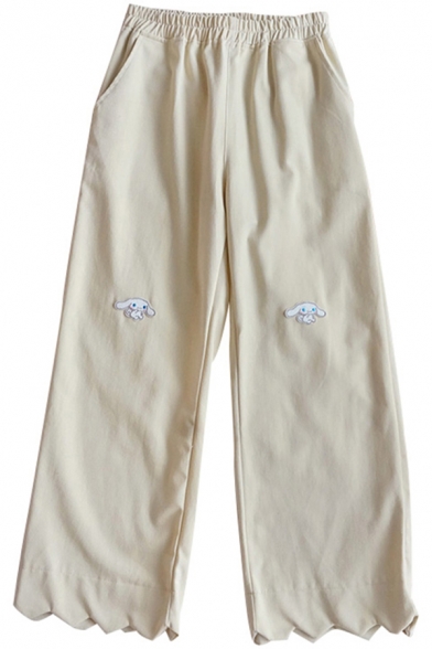 Elegant Women's Pants Cartoon Dog Embroidered Elastic Waist Scalloped Hem Ankle Length Pants
