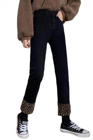 Fancy Women's Jeans Solid Color Contrast Leopard Panel High Waist Ankle Length Jeans