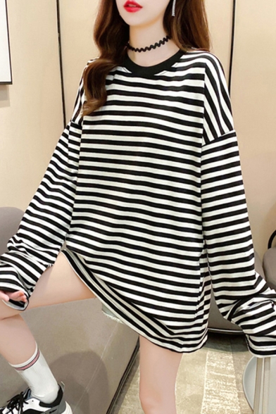 Fancy Women's Tee Top Stripe Pattern Crew Neck Long Sleeve Relaxed Fit T-Shirt