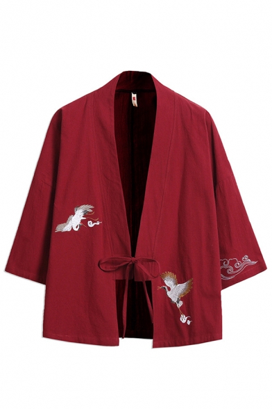Fashionable Men's Kimonos Jacket Crane Embroidered Drawstring Front Long Sleeve Regular Fitted Kimonos Jacket