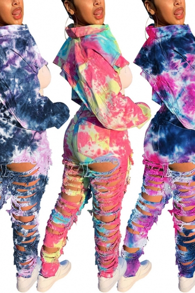 Fashionable Womens Jeans Tie Dye Ripped Hole Mid Rise Full Length Slim Jeans with Pockets