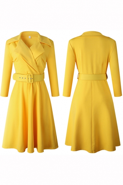 Glamorous Womens Dress Long Sleeve Notched Collar Belted Solid Color Midi A-line Dress