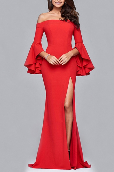 Gorgeous Womens Dress Solid Color Bell Sleeve Off the Shoulder High Slip Maxi Fishtail Dress