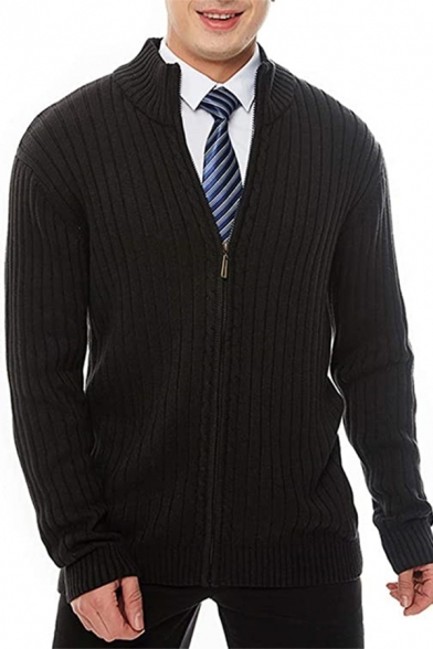 Mens Popular Plain Stand Collar Long Sleeve Zip Placket Ribbed Knit Casual Cardigan