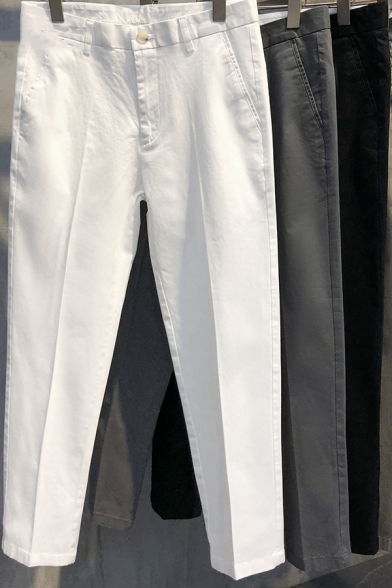 Mens Street Pants Solid Color Mid Waist Ankle Length Straight Pants