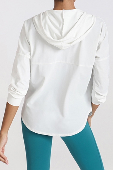 Simple Women's Hoodie Solid Color Zip Fly Long Sleeve Drawstring Hooded Sweatshirt