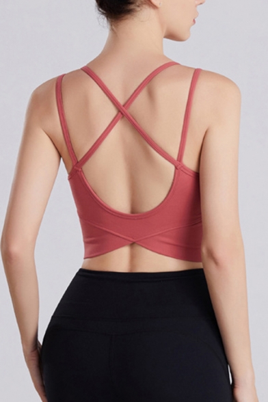 Simple Women's Tank Top Solid Color Criss Cross Hollow out Double Strap Slim Fitted Training Cami Top