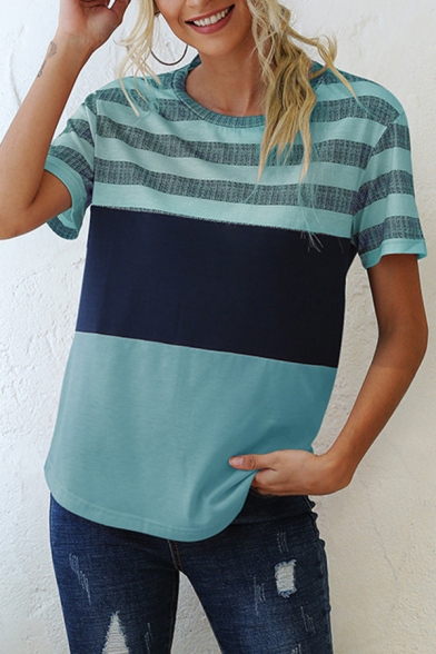 Simple Womens T Shirt Stripe Printed Contrasted Short Sleeve Crew Neck Loose Fit Tee Top