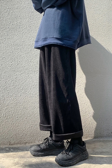 Stylish Guys Pants Corduroy Mid Waist Solid Color Long Length Wide-leg Pants