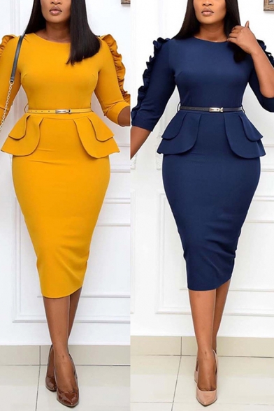 Stylish Womens Dress Plain Stringy Selvedge 3/4 Sleeve Crew Neck Belted Patched Midi Tight Dress
