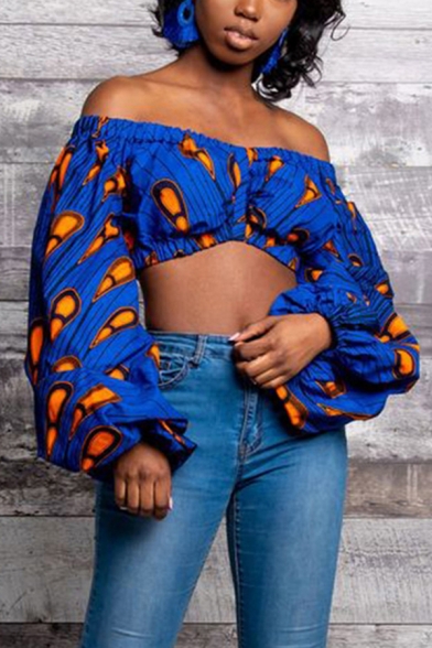 Trendy Blouse Blouson Sleeve Off the Shoulder All Over Printed Fit Crop Blouse for Women