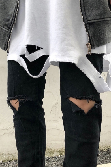 Trendy Men's Jeans Solid Color Frayed Ripped Broken Hole Zip Cuffs Mid Waist Slant Pocket Long Skinny Jeans
