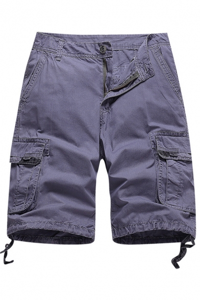 Trendy Men's Shorts Plain Flap Pocket Zip Fly Slant Pocket Drawstring Cuffs Knee Length Shorts