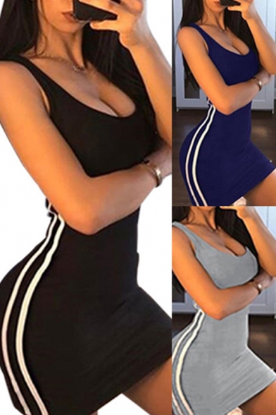 Trendy Women's Bodycon Dress Contrast Stripe Pattern Scoop Low Neck Sleeveless Slim Fitted Mini Bodycon Dress