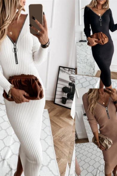 Trendy Women's Bodycon Dress Solid Color Ribbed Knit Zip Front Long Sleeve Slim Fitted Midi Bodycon Dress