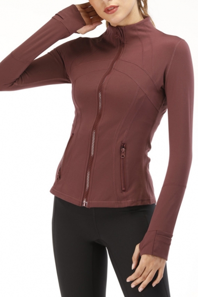 Trendy Women's Jacket Solid Color Zip Fly Long Finger Hole Long Sleeve Slim Fitted Jacket