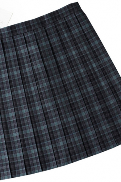 Trendy Women's Skirt Plaid Pattern High Waist Pleated Design Fitted Short Skirt