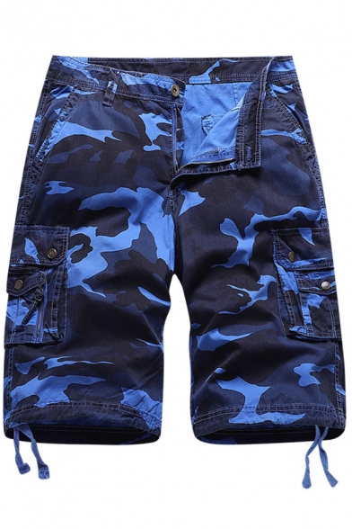 Unique Men's Shorts Camo Print Flap Pocket Zip Fly Drawstring Cuffs Mid Waist Knee Length Shorts