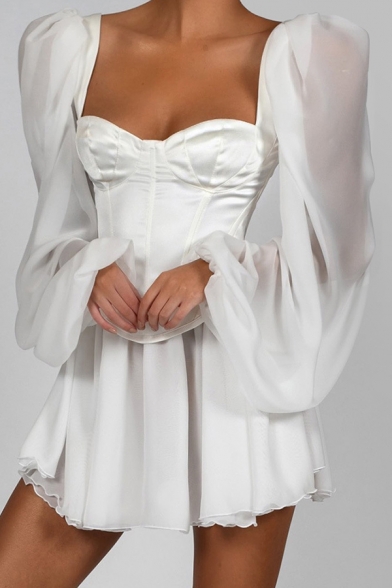 White Ladies Dress Sheer Mesh Puff Long Sleeve Sweetheart Neck Short Pleated A-line Dress