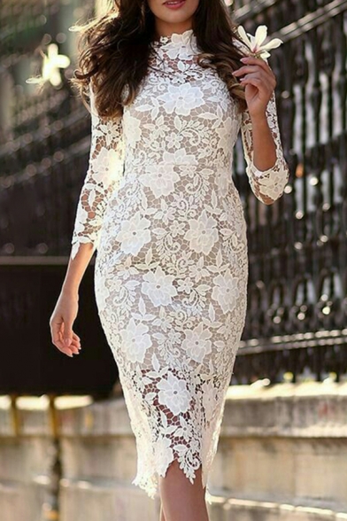 White Sexy Dress See-through Lace Floral Embroidery Long Sleeve Crew Neck Mid Sheath Dress for Women