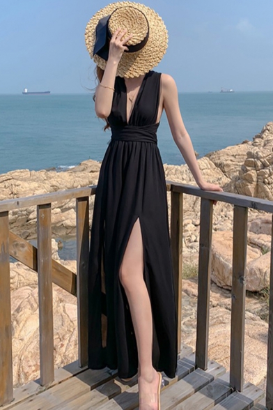 Womens Dress Stylish Solid Color Chiffon Double Slit Front Maxi Sleeveless Tie-Halter Deep V Neck Black Beach Dress