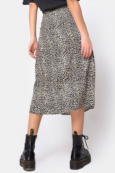 Womens Fashion Skirt Leopard Pattern High Rise High Slit Mid A-line Skirt