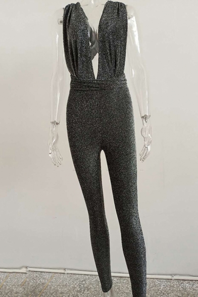Womens Jumpsuit Creative Bright Silk Tie Detail Cross Backless Deep V Neck Sleeveless Slim Fit Bodysuit