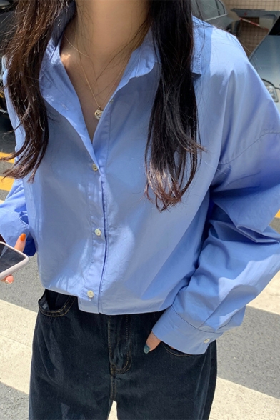 Casual Women's Shirt Blouse Solid Color Button Fly Spread Collad Long Sleeve Loose Fitted Shirt Blouse